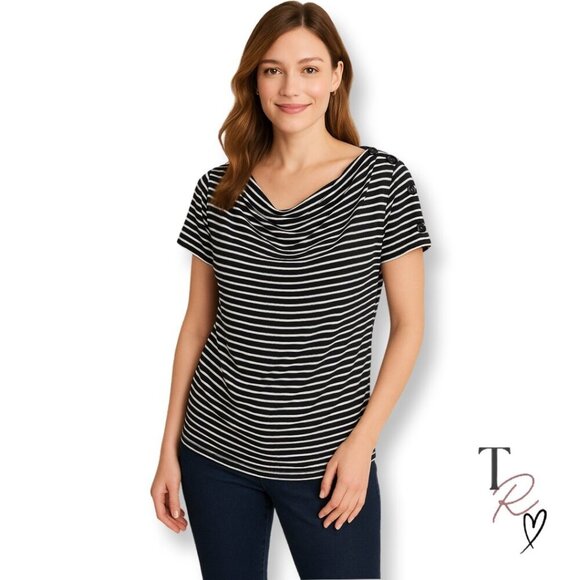 Talbots Nautical Striped Top with Button Shoulder Detail Navy & White Size Small - Picture 1 of 10